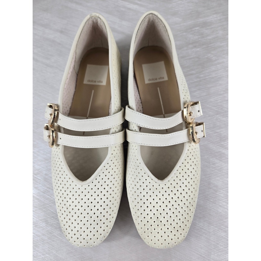 Dolce Vita Womens Cream Perforated Suede Double Buckle Mary Jane Flats Size 6 - Picture 2 of 10